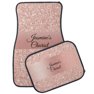 Full Set of 4 Modern Custom Name Pink Faux Sparkle Car Floor Mat
