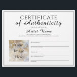 Full Size Certificate of Authenticity Art Photo Letterhead<br><div class="desc">This is a full letter size customizable and editable Certificate of Authenticity (COA) template for artists to include with original artworks. You can customize any of the fields and add a photo related to your art business or the artwork itself. I am a painter and use a similar fillable style...</div>
