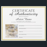 Full Size Certificate of Authenticity Art Photo Letterhead<br><div class="desc">This is a full letter size customizable and editable Certificate of Authenticity (COA) template for artists to include with original artworks. You can customize any of the fields and add a photo related to your art business or the artwork itself. I am a painter and use a similar fillable style...</div>