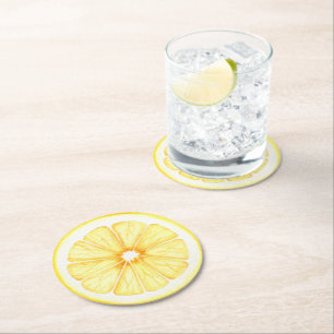 Full Slice of Lemon In Watercolor Round Paper Coaster