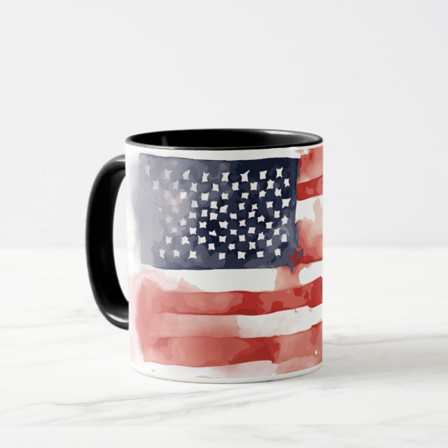 Full-Spread Watercolor American Flag, 4th of July Mug (Front Left)