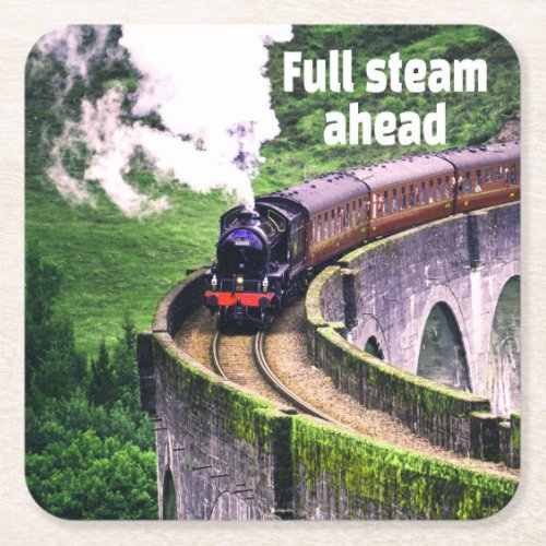 Full steam ahead Locomotive Train on Bridge Square Paper Coaster