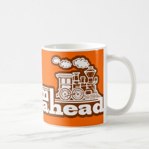 Full steam ahead orange steam train logo mug