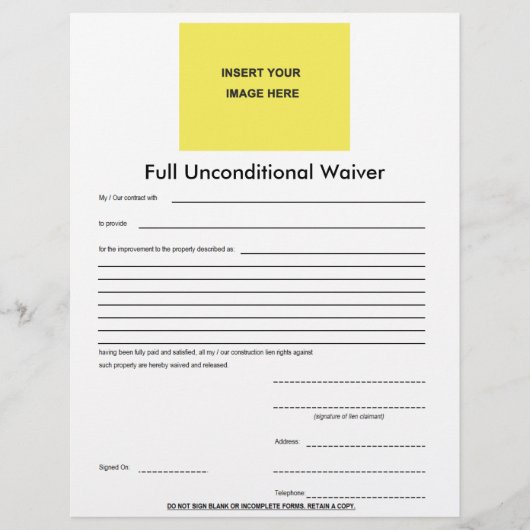 Full Unconditional Blank Logo Waiver Template (Front)
