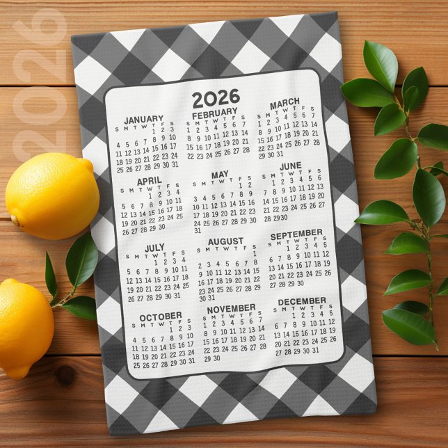 Full Year Calendar - Black White Farmhouse Check Kitchen Towel (2026 Calendar)