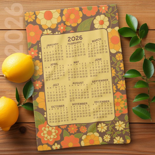 Full Year Calendar - Retro Flowers - Green Brown Kitchen Towel (2026 Calendar)