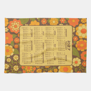 Full Year Calendar - Retro Flowers - Green Brown Kitchen Towel