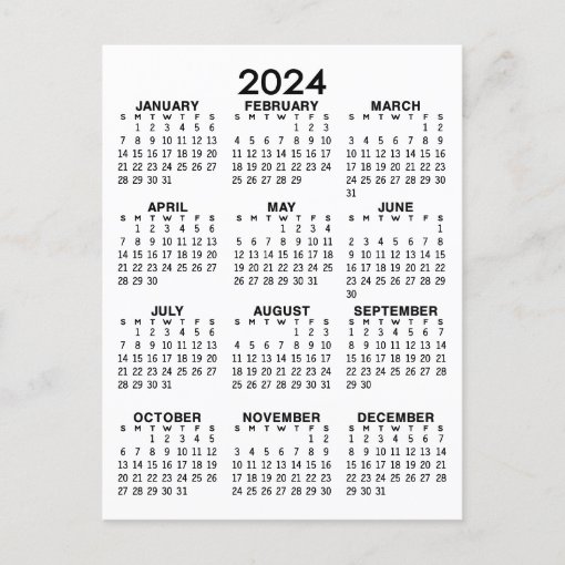 Full Year View 2024 Calendar - Basic Minimal Postcard | Zazzle