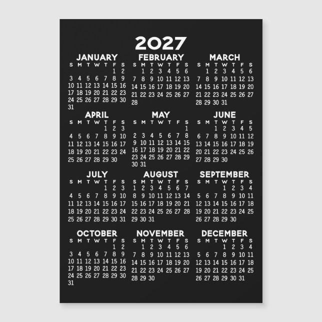 Full Year View Calendar Basic Black Magnetic Card (Front)