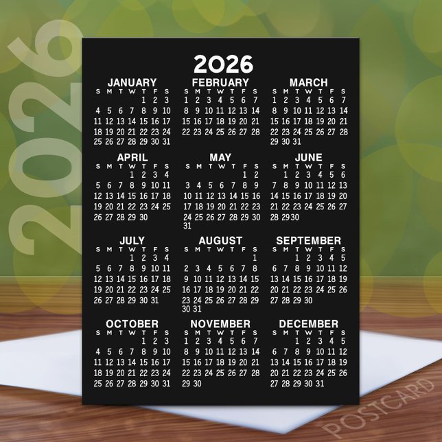 Full Year View Calendar - Basic Minimal Postc Postcard (2026 Calendar Postcard)