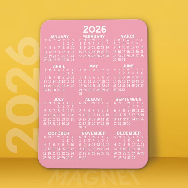Full Year View Calendar - Basic Pink Minimal Magnet (2026 Calendar Magnet)