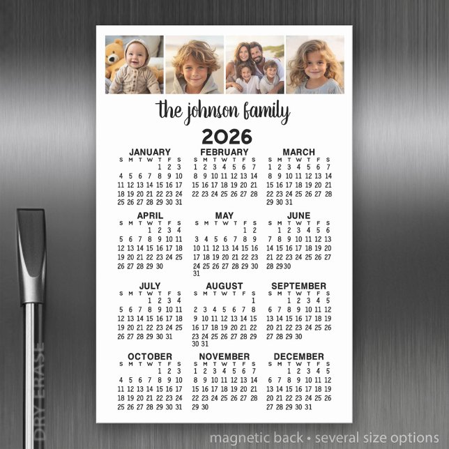 Full Year View Calendar with 4 photos Magnetic Dry Erase Sheet (2026 Calendar with a Photo Collage)