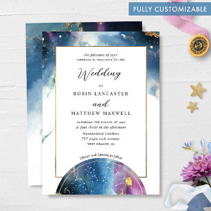 Fully Customizable, Celestial Blue Purple Wedding Invitation