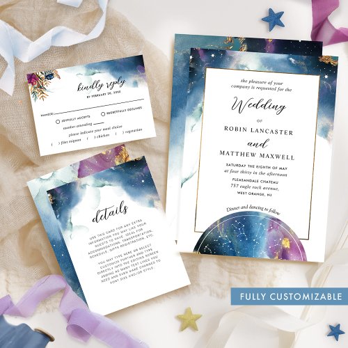 Fully Customizable Celestial Blue Purple Wedding Invitation