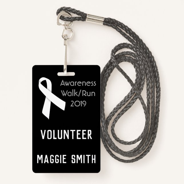 Fully Customizable White Ribbon badge (Front with Lanyard)