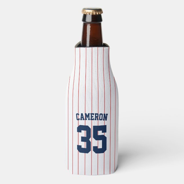 Fully Editable Colors Baseball Jersey Stripes Name Bottle Cooler (Bottle Front)