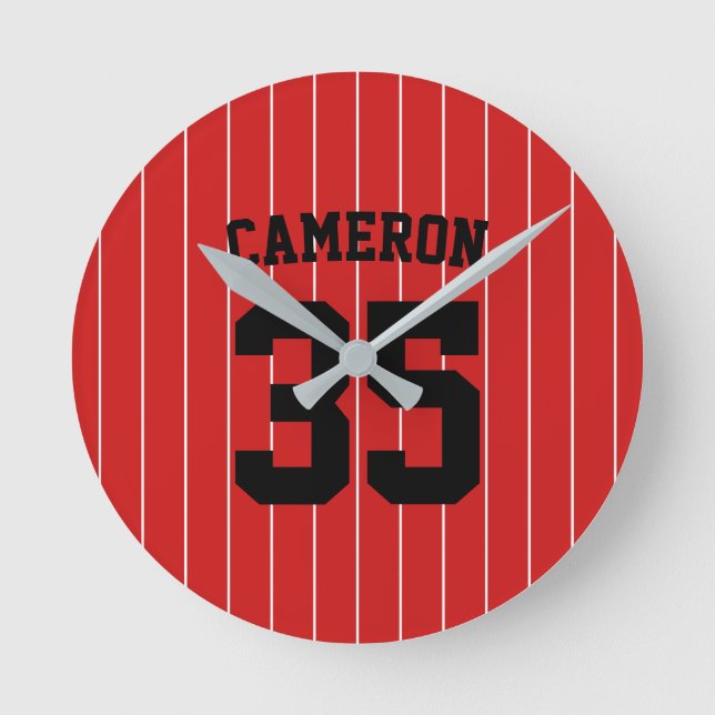 Fully Editable Colors Baseball Jersey Stripes Name Round Clock (Front)