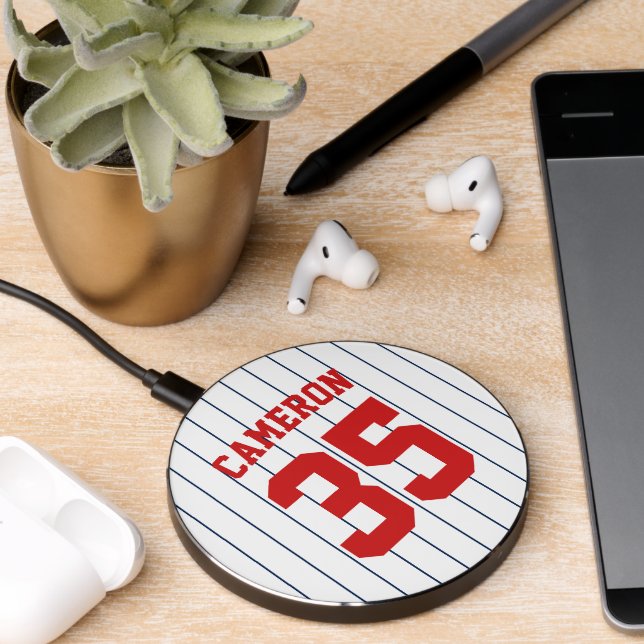 Fully Editable Colors Baseball Jersey Stripes Name Wireless Charger (Desk 2)