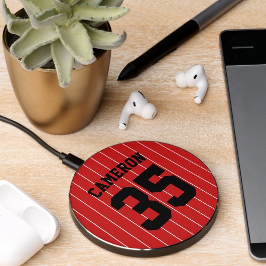 Fully Editable Colors Baseball Jersey Stripes Name Wireless Charger (Desk 2)