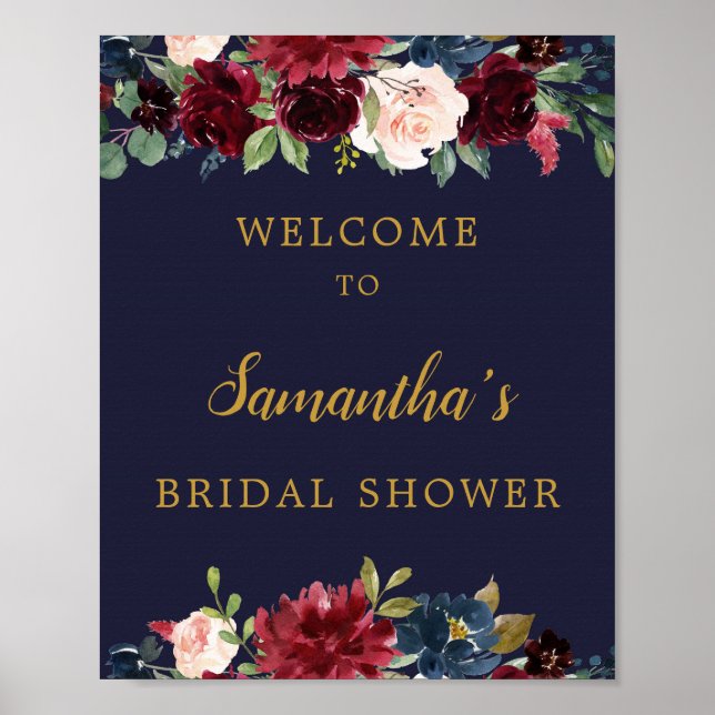 Fully editable navy burgundy floral welcome sign (Front)