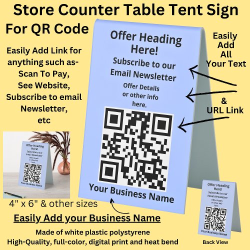 Fully Editable QR Code Blue email Counter  Table Tent Sign