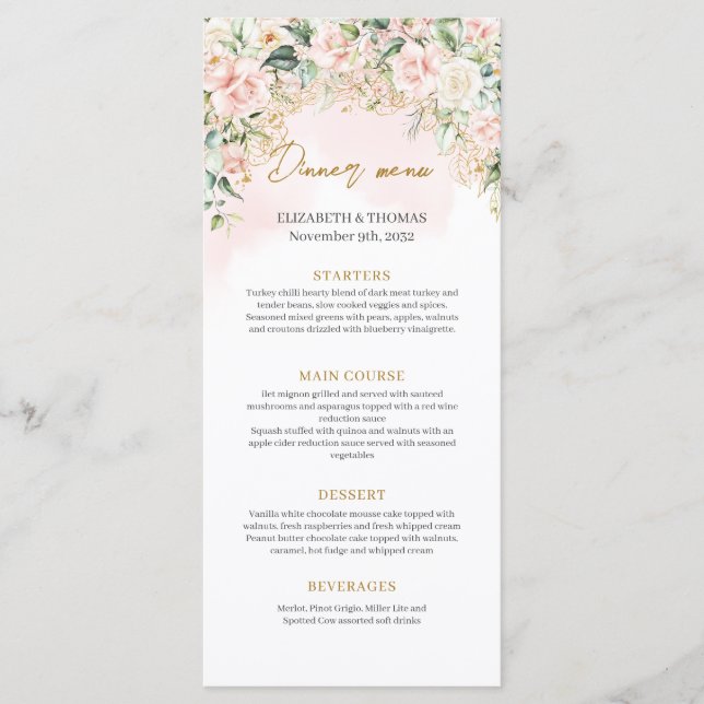 Fully editable soft pink roses gold Wedding menu (Front)
