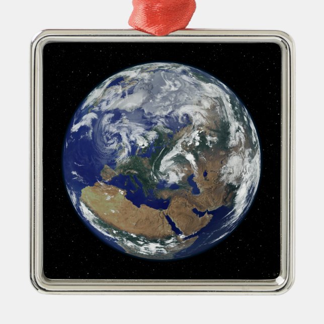 Fully lit Earth centered on Europe Metal Ornament (Front)
