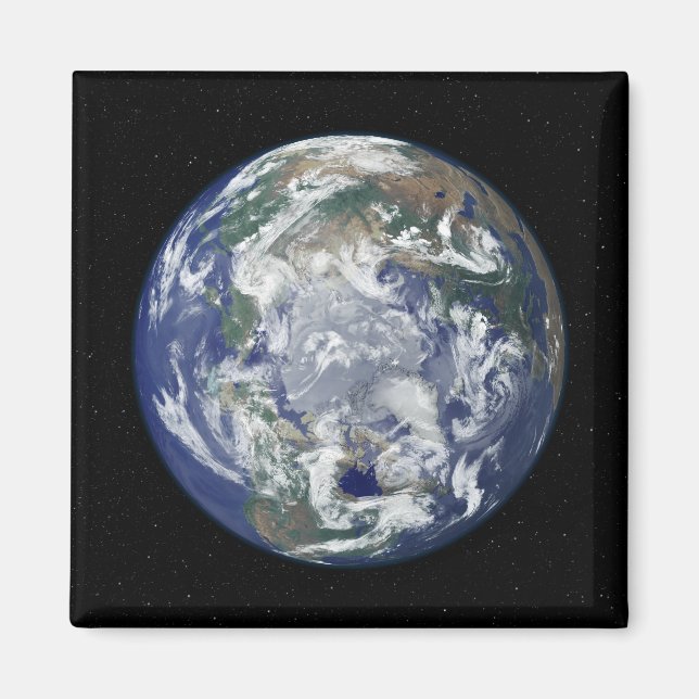 Fully lit Earth centered on the North Pole Magnet (Front)