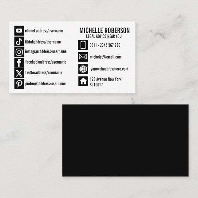 Fully personalized social media and info icon  business card (Front/Back)
