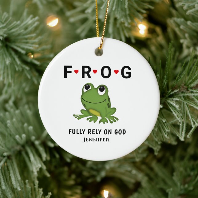   Fully Rely on God Frog Hearts Personalized Ceramic Ornament (Tree)