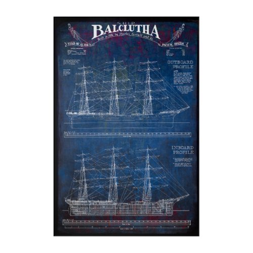 Fully_Rigged Sailing Ship BALCLUTHA Blueprint 1886 Acrylic Print