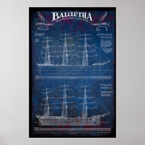 Fully_Rigged Sailing Ship BALCLUTHA Blueprint 1886 Poster