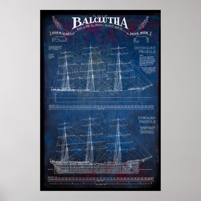 Fully-Rigged Sailing Ship BALCLUTHA Blueprint 1886 Poster (Front)