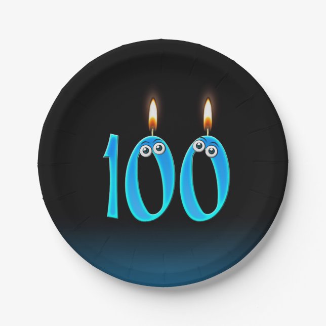 Fun 100th Birthday Candles On Black Paper Plates (Front)