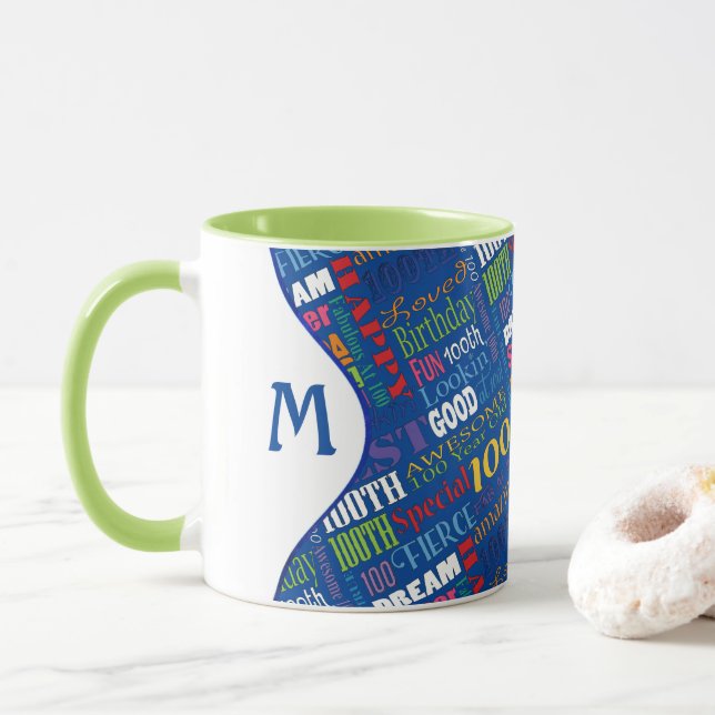 Fun 100th Birthday Party Personalized Monogram Mug (With Donut)