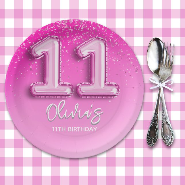 Fun 11th Birthday Girl Pink Number Balloon Paper Plates (Creator Uploaded)
