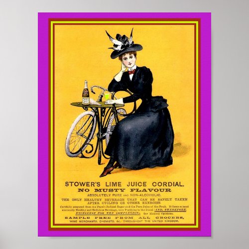 Fun 1890s Lady Bike Stowers Lime Juice Cordial Poster