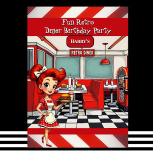 Fun 1950s Retro Diner Birthday Party Red White Invitation