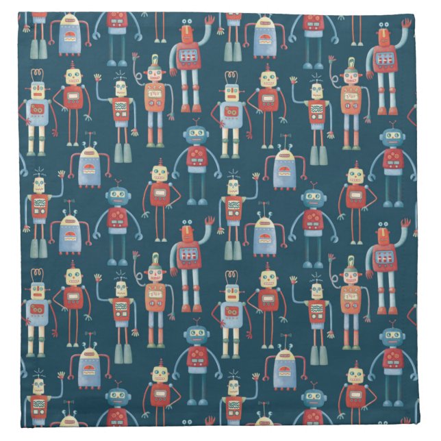 Fun 1950s Style Retro Robot Pattern Dark Cloth Napkin (Front)