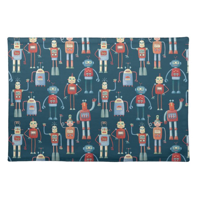 Fun 1950s Style Retro Robot Pattern Dark Cloth Placemat (Front)