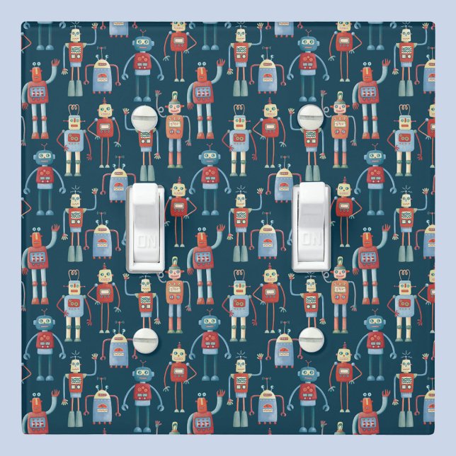 Fun 1950s Style Retro Robot Pattern Dark Light Switch Cover (Fun retro robot pattern light switch cover)