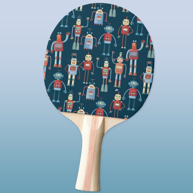 Fun 1950s Style Retro Robot Pattern Ping Pong Paddle (Fun retro robot pattern ping pong paddle)