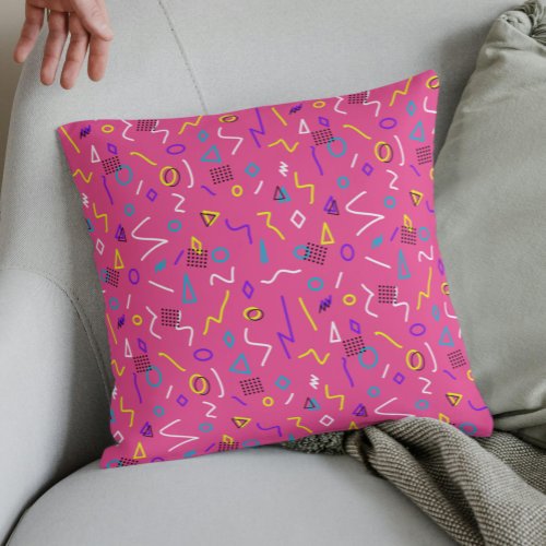 Fun 1980s Memphis Style Shapes on Pink Pattern Throw Pillow