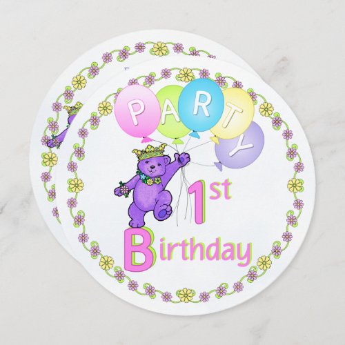 Fun 1st Birthday Purple Princess Bear Invitations