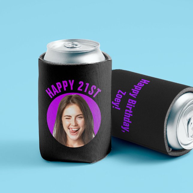 Fun 21st Birthday CUSTOM TEXT Photo Can Cooler (Front and back of a black can sleeve with "Happy 21st" in purple above a round custom photo cutout)