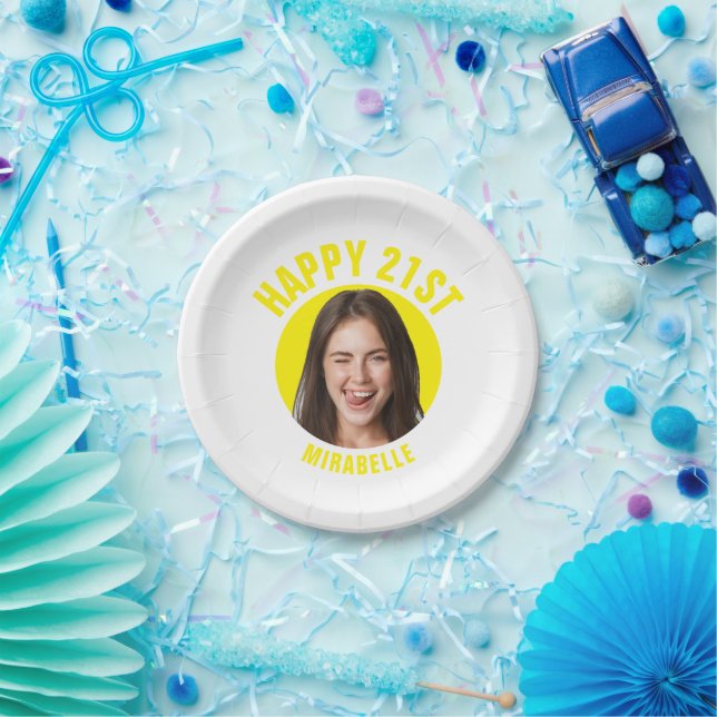 Fun 21st Birthday CUSTOM TEXT Photo Trendy Paper Plates (Party)