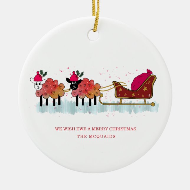 Fun 2 sheep pulling santas sleigh ceramic ornament (Front)