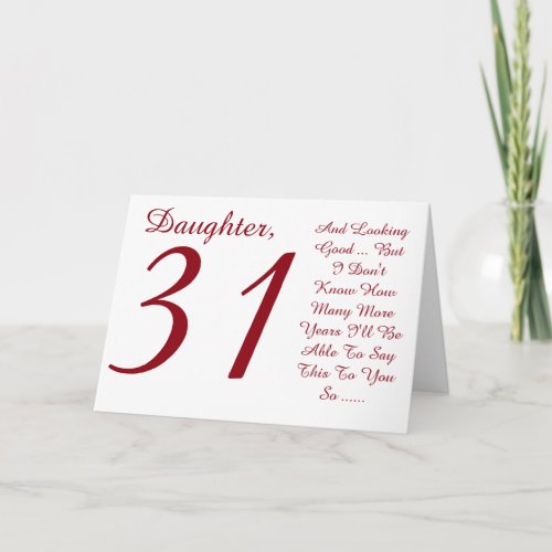 Fun 31st birthday daughter red and white text card