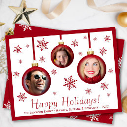 Fun 3 Photo Collage Red Bauble Ornament Holiday Card