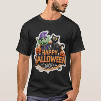 Fun 3D Happy Halloween sign with goblin black cat T-Shirt